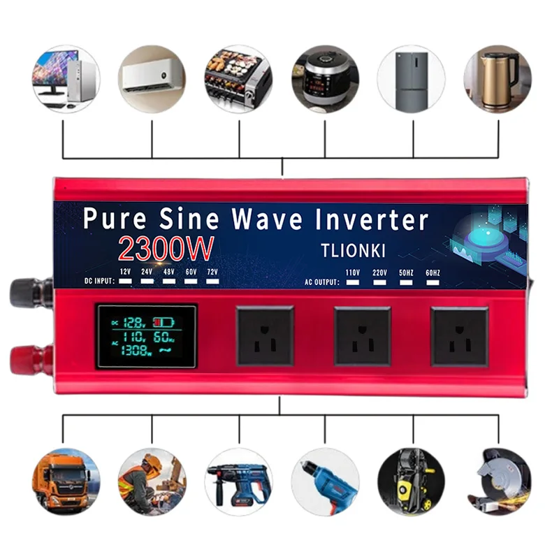 2300 واط نقية شرط لموجة العاكس DC12V إلى AC110V عاكس الطاقة مع شاشة الكريستال السائل 4600 واط الذروة محول ل RV التخييم المنزل الطوارئ
