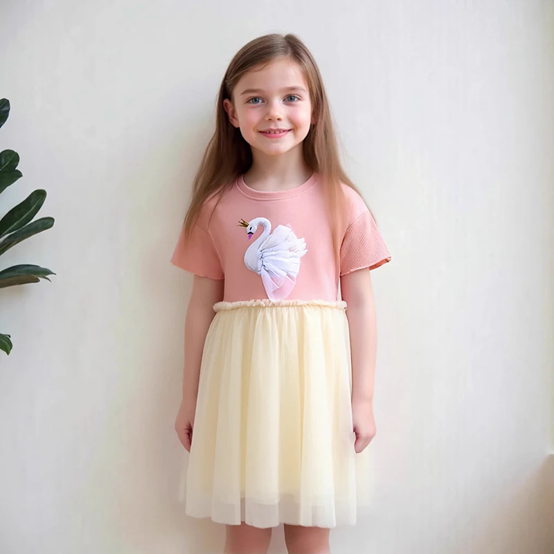 Little Maven Kinderkleidung für Babys, Mädchen, 2026, Sommer, Tier, Schwan, Applikationen, Mädchen, Prinzessin, rosa Netzkleider für Kinderkleidung