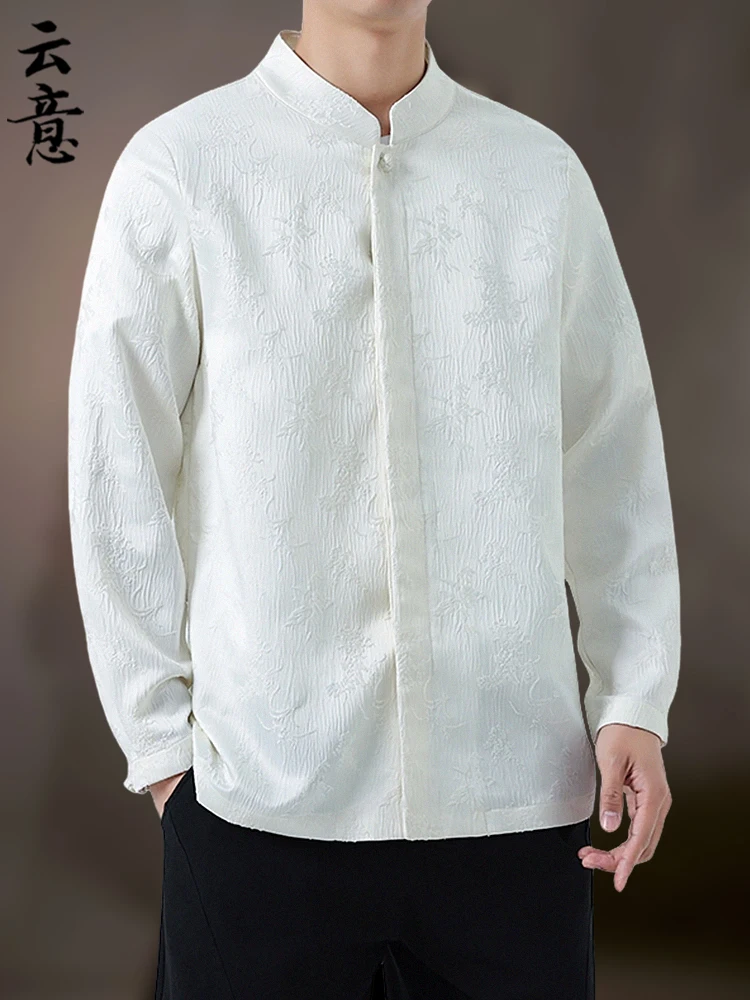 

New Chinese Sle Long Sve irt Men's Floral Embroidery Button Stand Collar Tang Suit Retro Sle Large Size Zhongan Co...