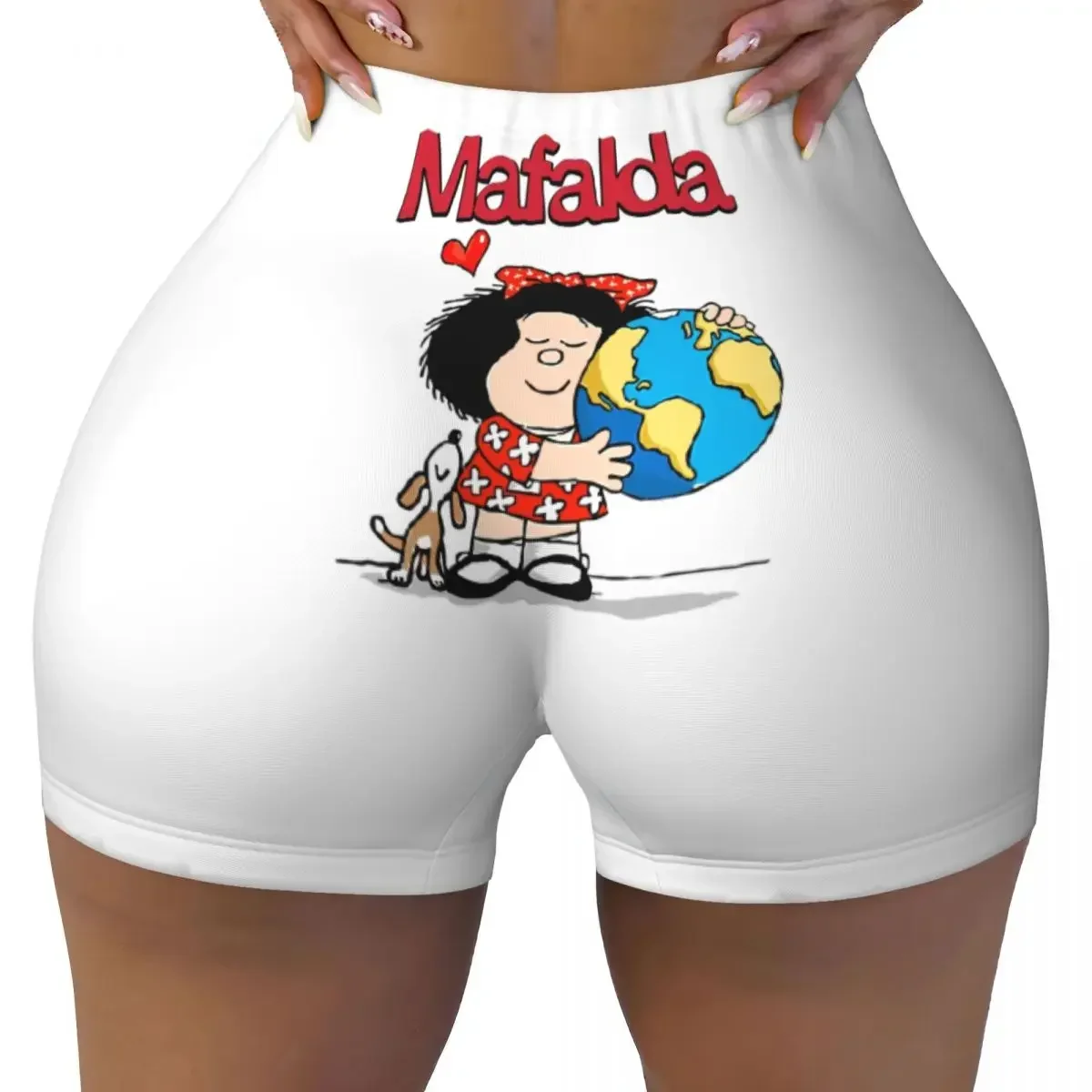 Personalizado mafalda mundo e seu filhote de cachorro treino correndo shorts de vôlei feminino quino comic dos desenhos animados ginásio yoga shorts