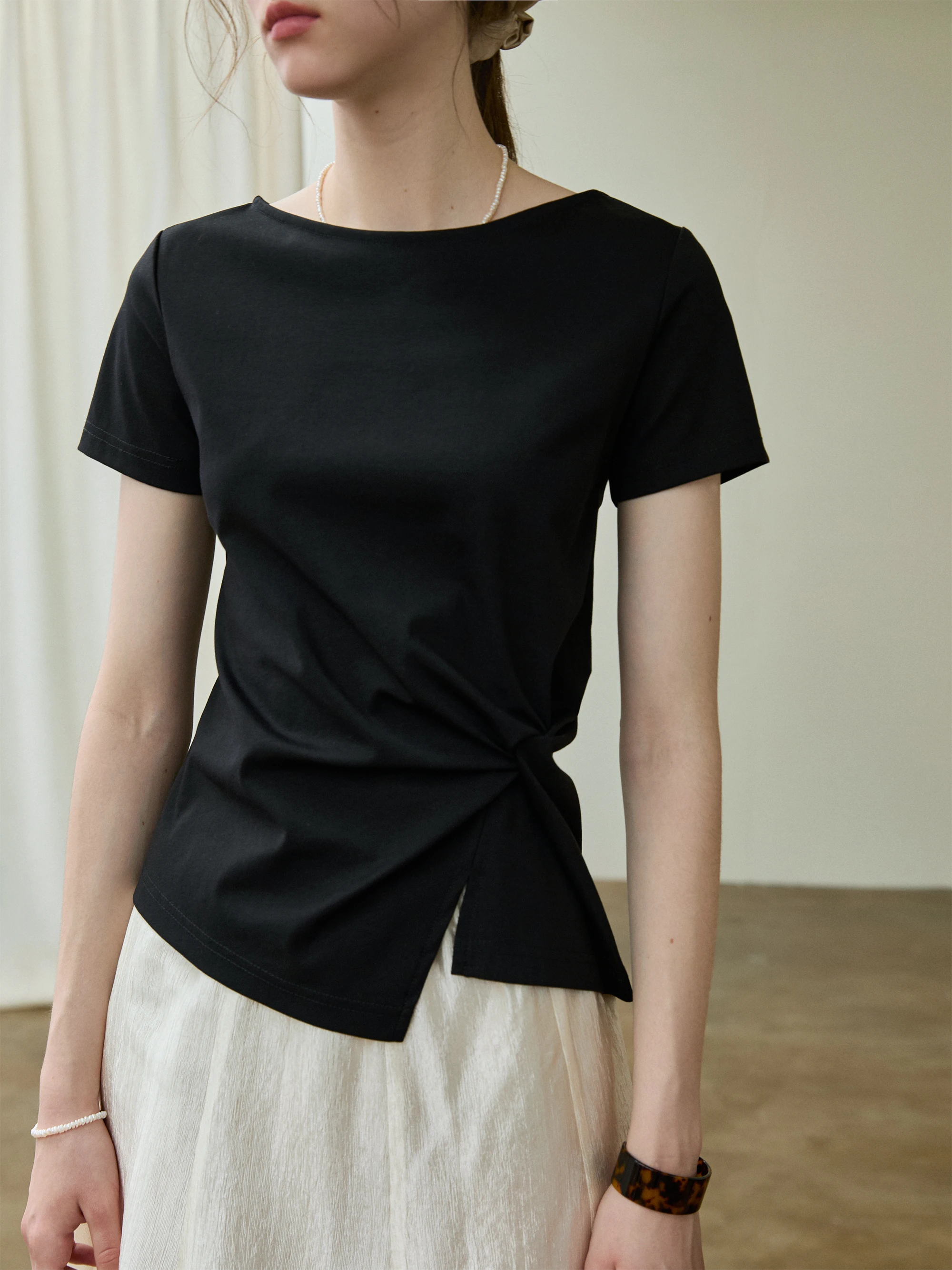 Summer Slimming Short Sleeve T-Shirt Women's Simple Style Casual Fashion One-Shoulder Neck Design Modest Cotton Top