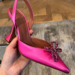 2024summer New Stiletto Heel Pointed Toe Strap High-Heeled Sandals Women's Rhinestone Bow Pumps