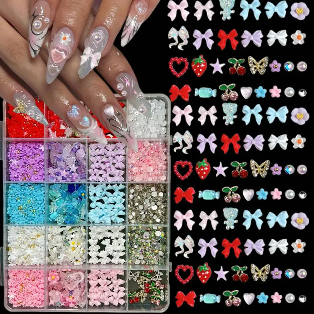 

1Box Solid Solor Ribbon Bow Tie Mixed Nail Charms Transparent Camellia Moon Resin Nail Art Accessories Handmade DIY Clip Nails