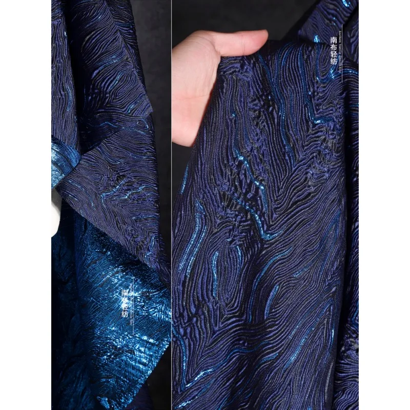 Deep Blue Sea Gold Silk Shimmering Jacquard Cotton Fabric Pleated Three-dimensional Texture Coat Suit Clothing Designer Fabric