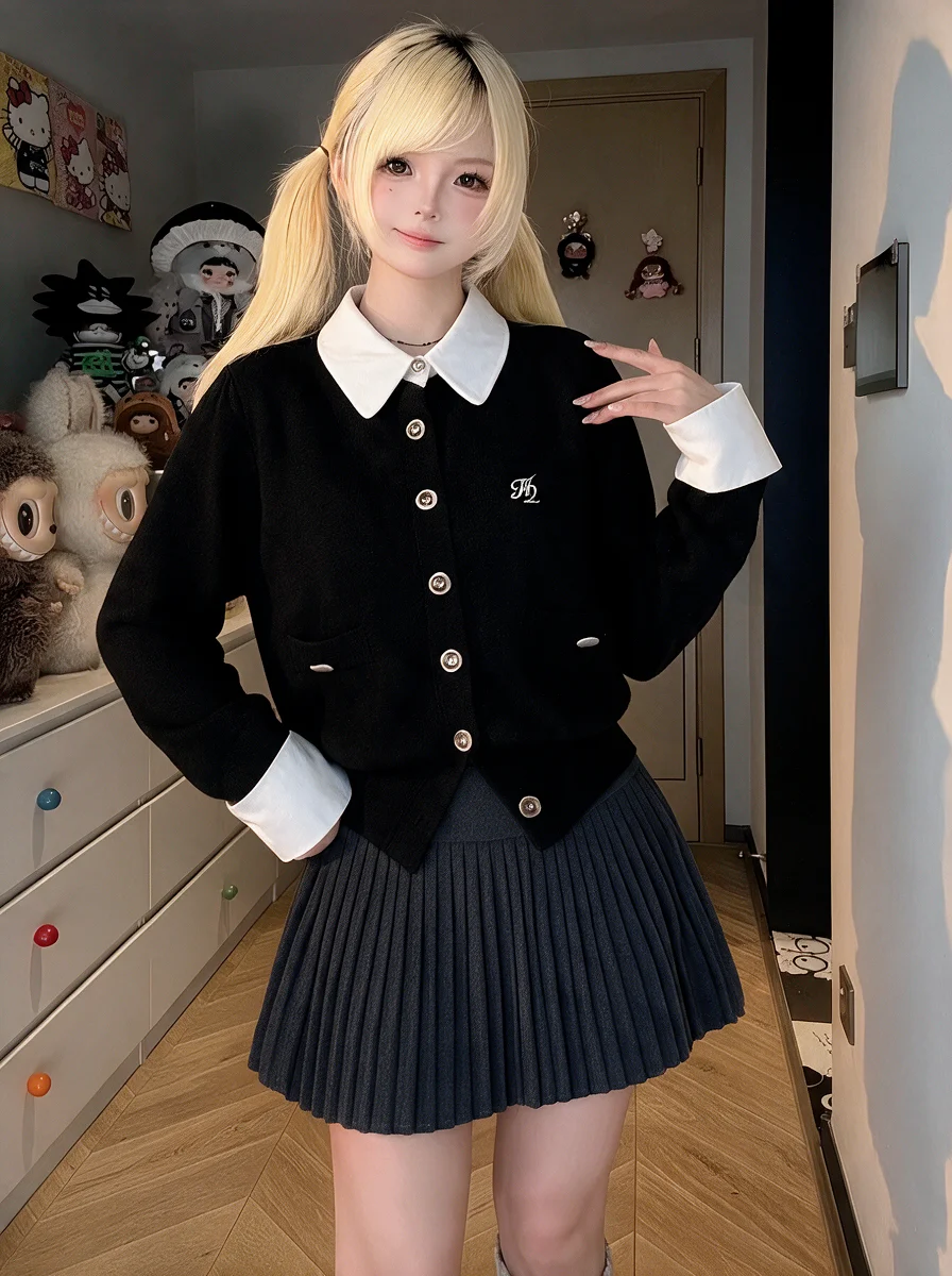 Sweet Preppy Style Two-Piece Set Women's Autumn New Arrival Pleated Skirt Cardigan Outerwear Ensemble College Fashion
