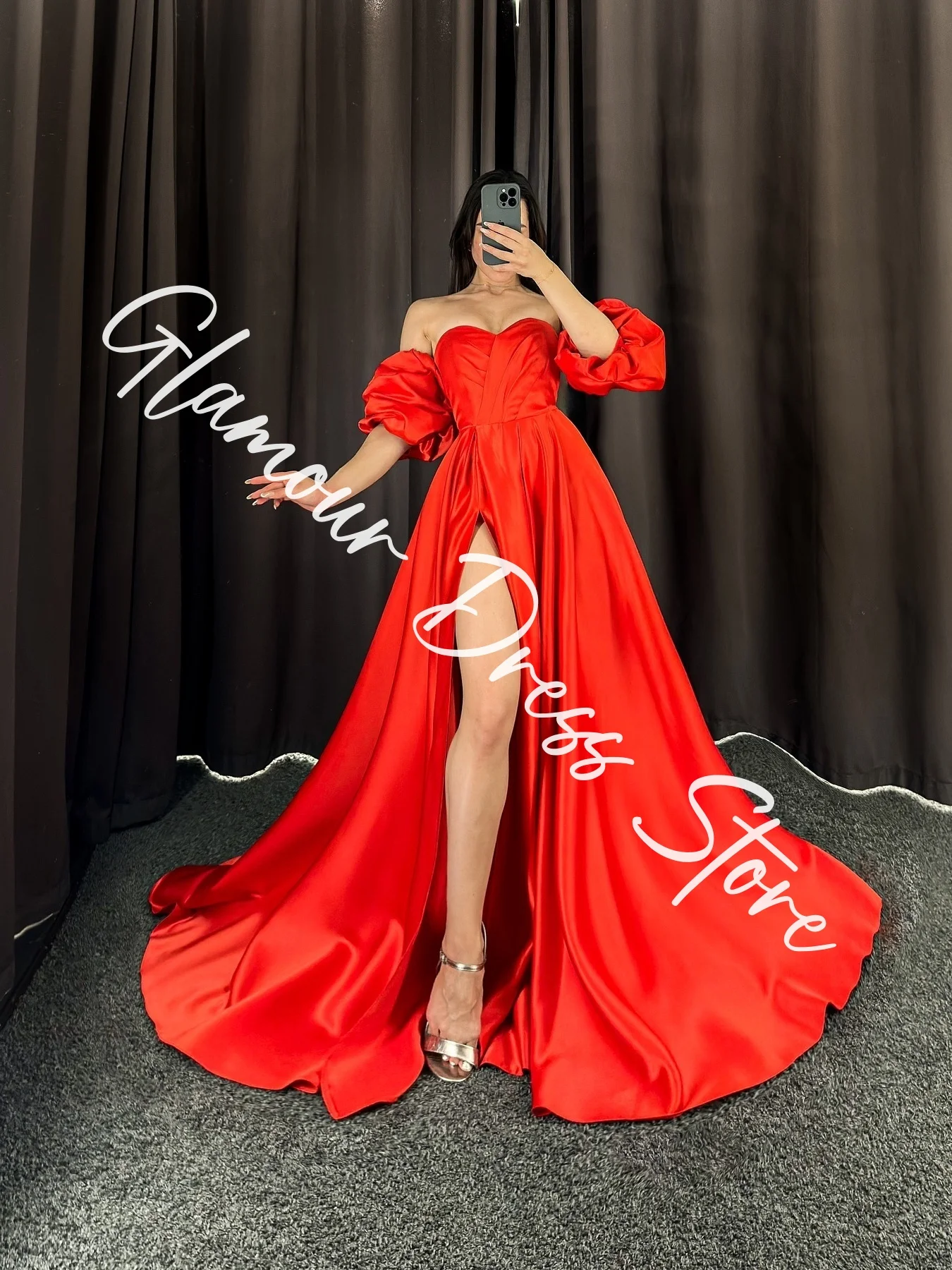 CustomizedCustomized Exquisite Satin A-Line Detachable Sleeve Evening Dresses Strapless Panel Train Bespoke Occasion Gowns Simpl