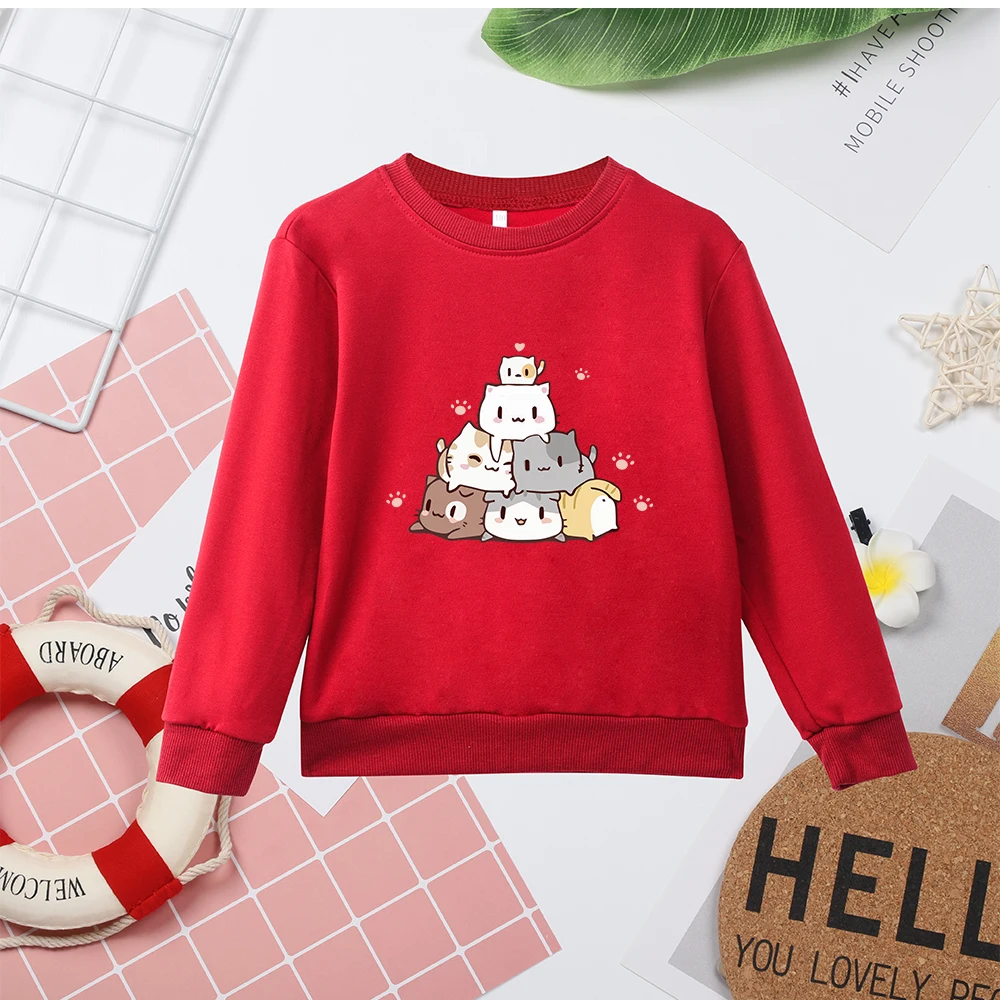 Cute Cats Print Red Kids Sweatshirts Y2K Style Summer Hot Sell New Comfy Child Tops Dropship Hoodless Sweater All-match Clothes