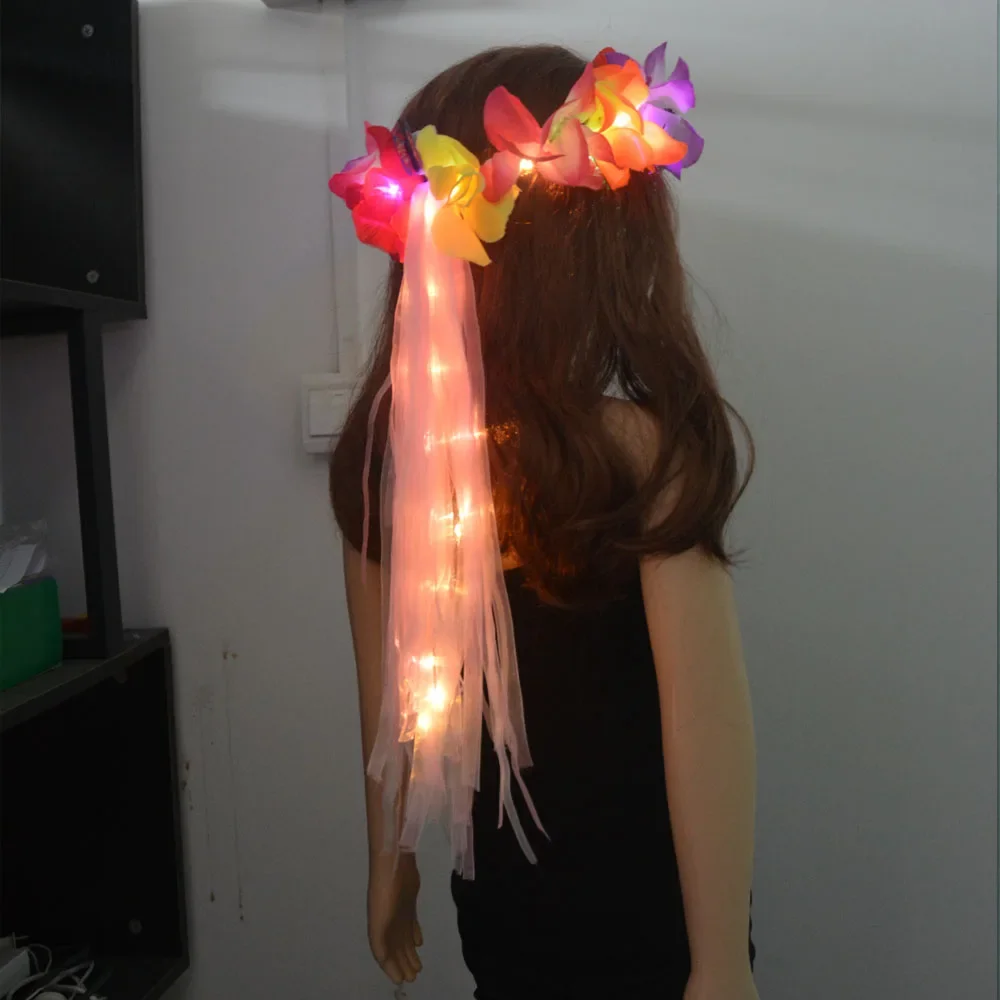 Women Girl Glow Party LED Hawaiian Lei Headband Light Up Flower Ribbon Crown Birthday Gift  Wedding Festival