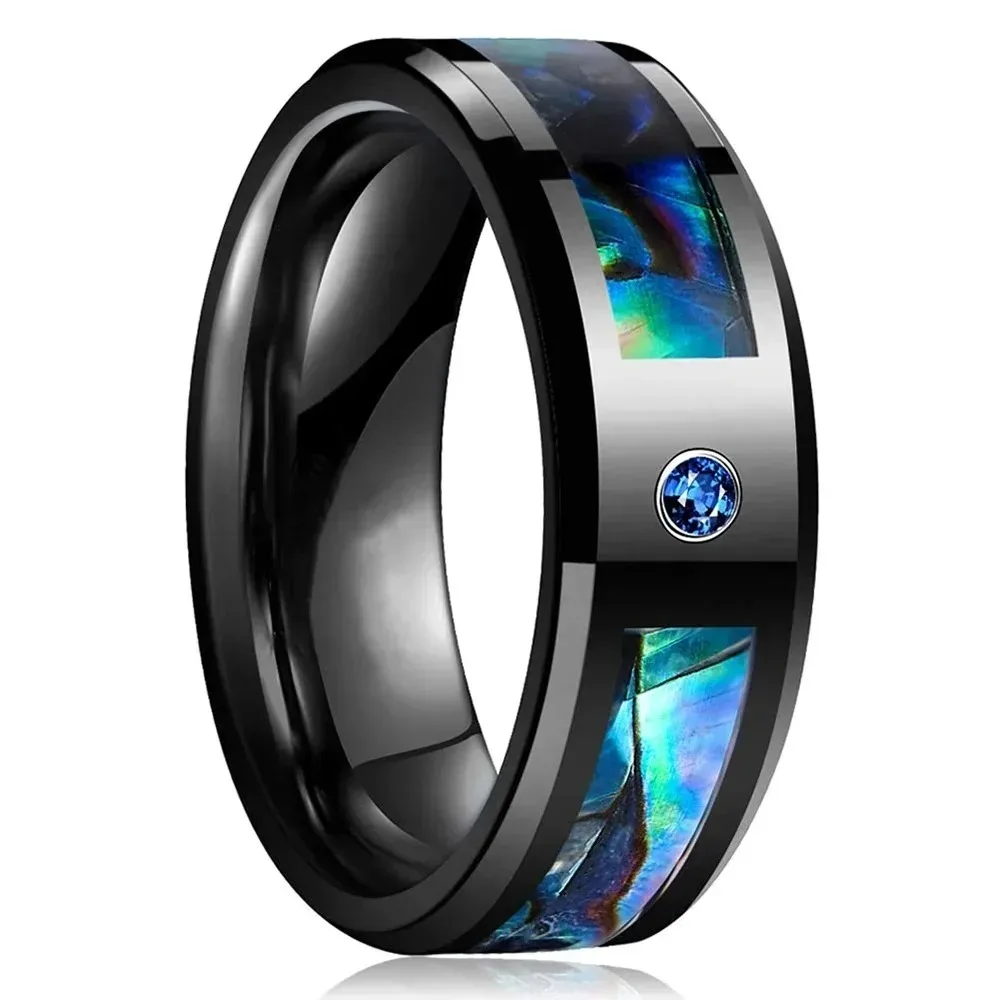 Fashion 8MM Men Black Stainless Steel Abalone Shell Rings Inlay Blue Cubic Zirconia Rings For Men Wedding Band Jewelry Wholesale