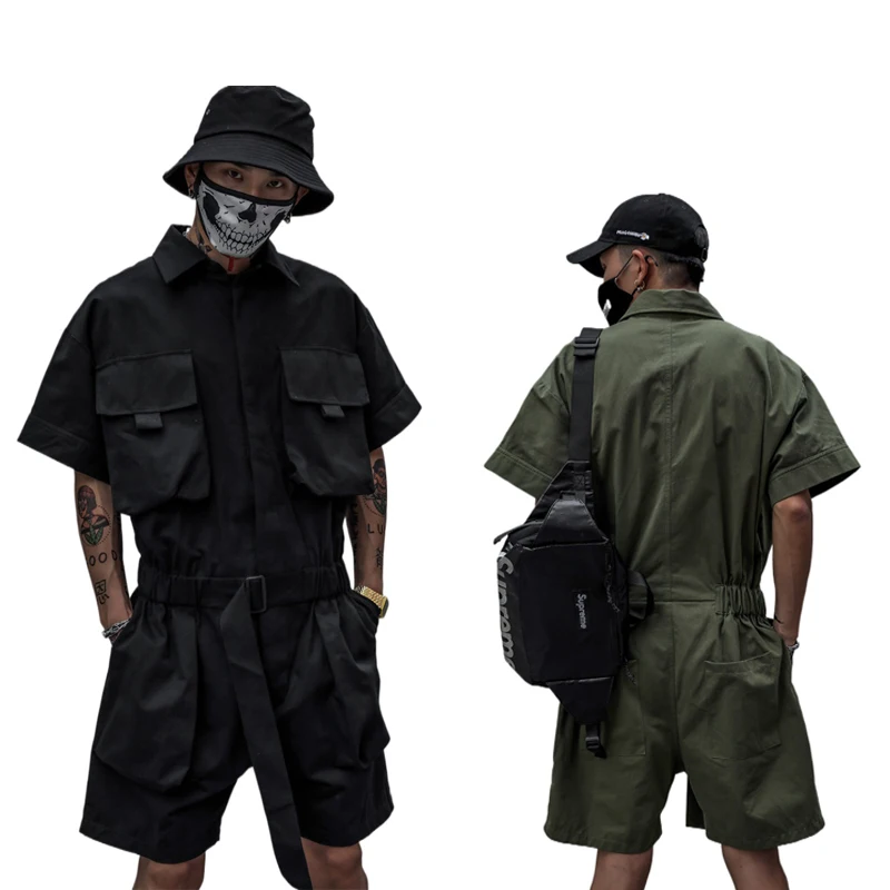 

"Men's Black Short Jumpsuit - Japanese Streetwear Overalls Summer Casual One-Piece with Pockets Sporty Leotard Romper"