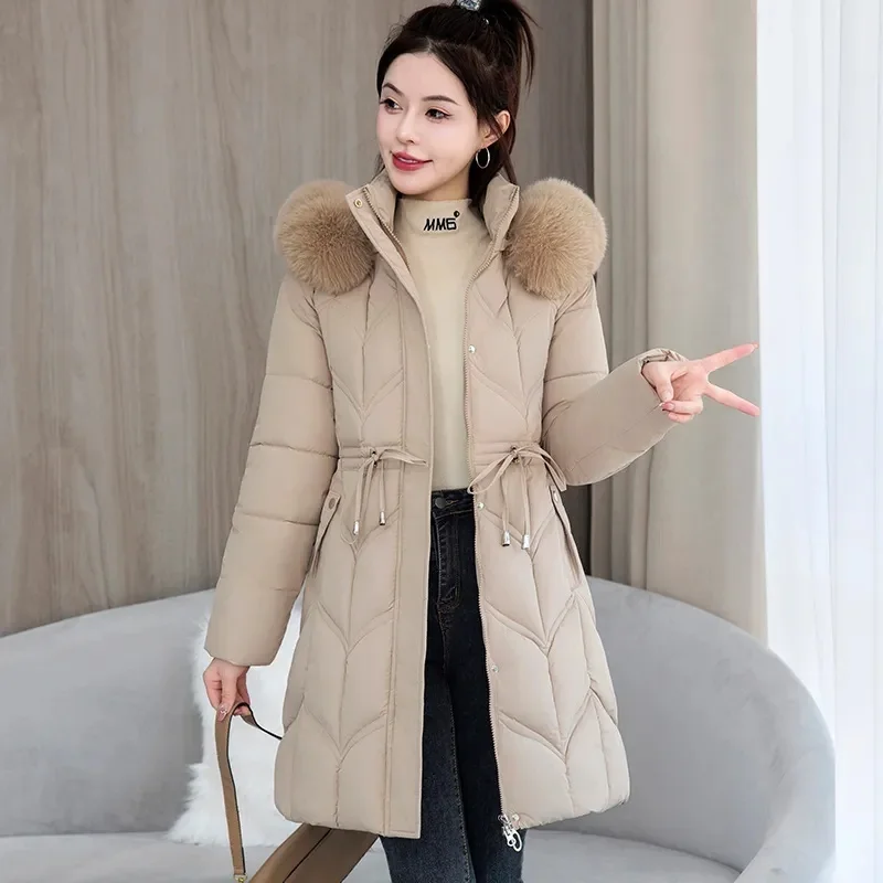 

Korean Fashion Winter Women Hooded Cotton Down Coat Warm Parkas Down Long Jacket Coats Fashion Fur Collar Basic Long Jacket