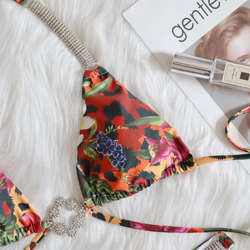 Sexy rendas roupa de banho de luxo strass biquíni flor tropical maiô