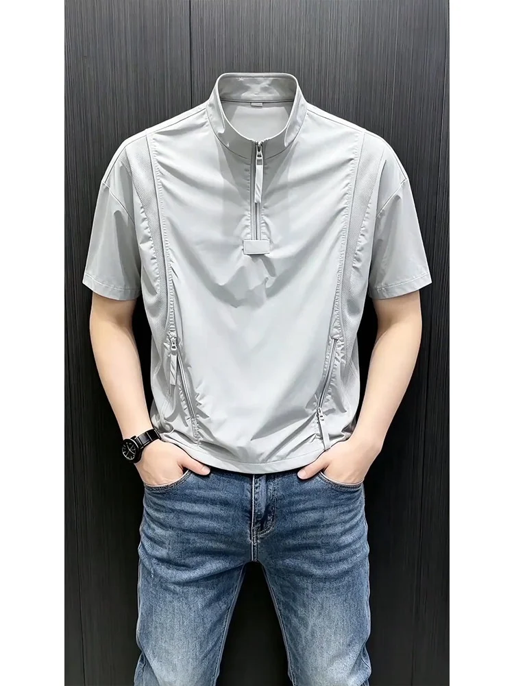 Ice Silk Cool Feeling Half Zipper Functional Windproof Short Sleeve T-Shirt for Men And Women Lightweight Outdoor Sports Stan...