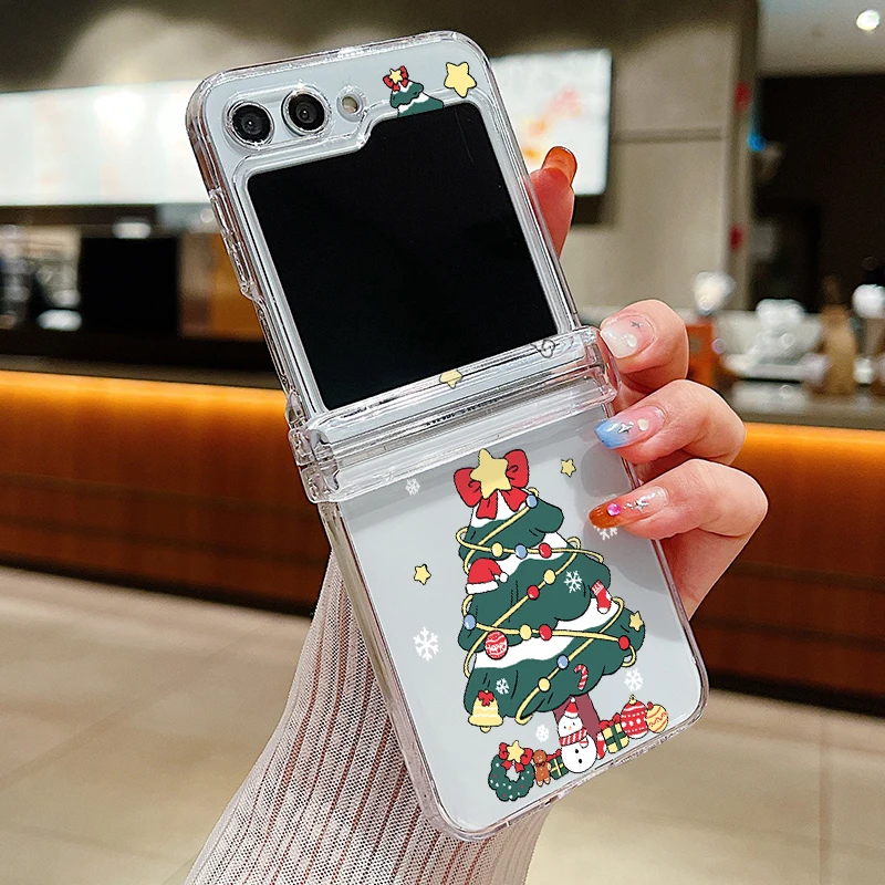 Christmas Santa Elk Print Case For Samsung Galaxy Z Flip 7 6 5 4 3 Clear Folding Phone Cover For Samsung Z Flip5 Flip6 Flip7 FE