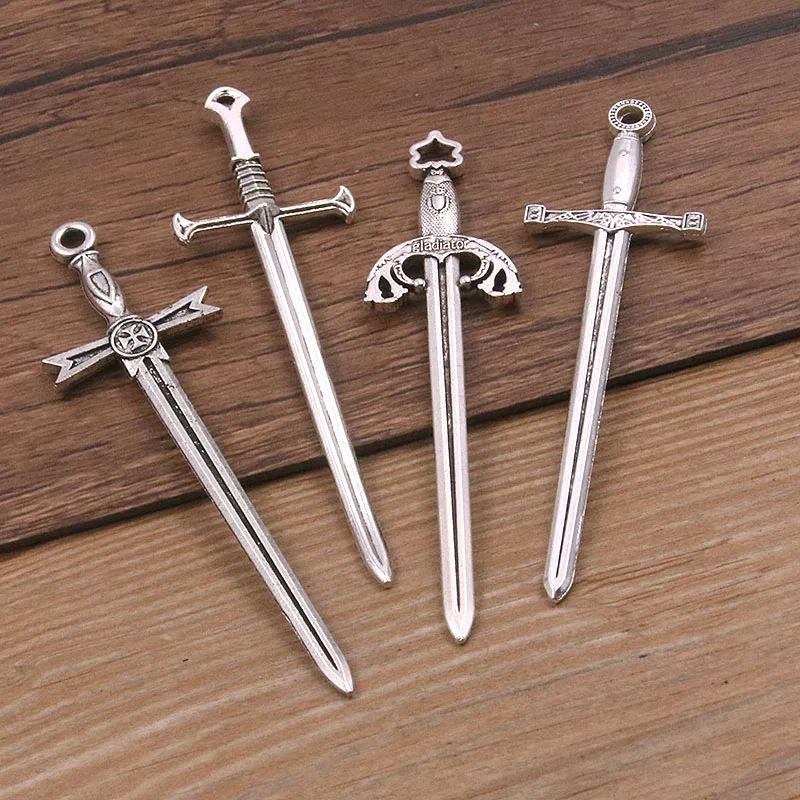 5Pcs 4 Styles Zinc Alloy Cross Knight Sword Charms For Jewelry Necklace Making DIY Handmade Weapons Pendant