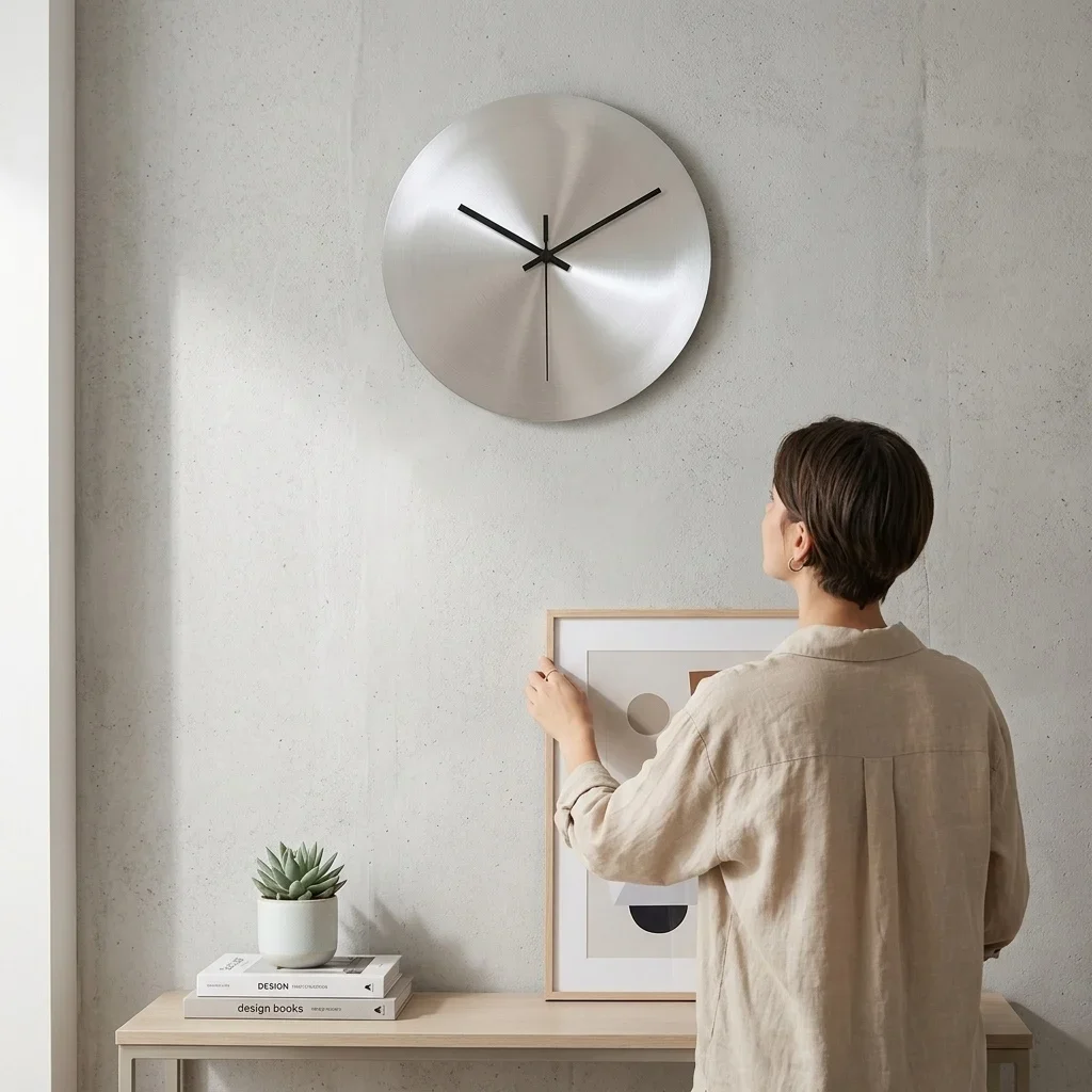 Silver Metal Wall Clock Simple Round Scandinavian Industrial Style High Grade Living Room Home Office Decoration Analog