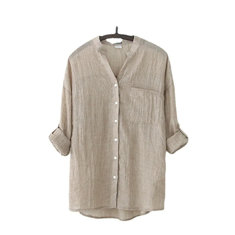 Vêtements d'été amples en coton et lin pour femmes, vêtements de Protection solaire irt, sept-quarts, col montant, Fre japonais Sle, nouvelle collection 2024