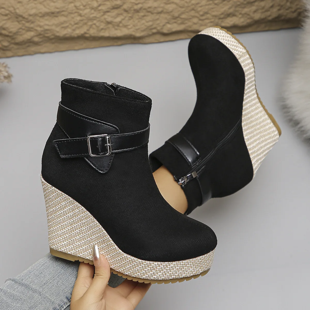 2026 Women's Autumn New Leopard Pattern Slope Heel Short Boots Fashion Belt Buckle Thick Bottom Tall Leather Boots