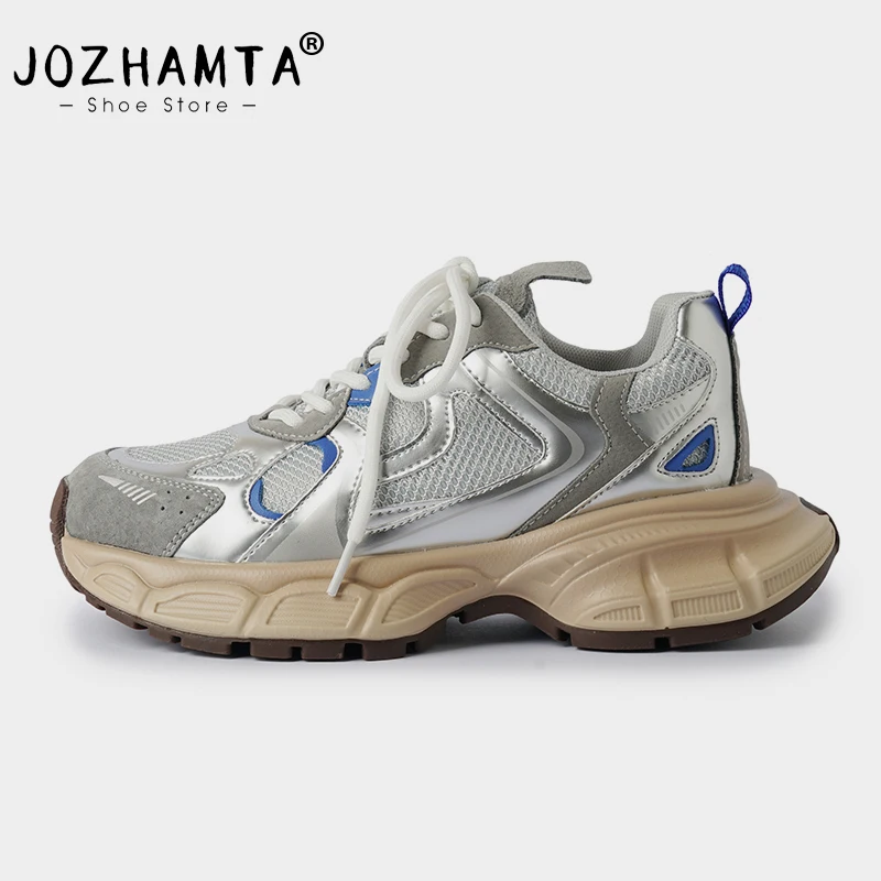 JOZHAMTA Women Sneakers Flats Platform Shoes Patchwork Thick Bottom Real Leather Round Toe Casual Ladies Sneakers Size 35-40