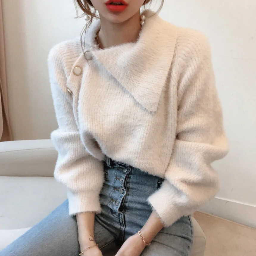 

Women Sweet Sweaters New Autumn Winter Turn Down Collar Pullover Sweater Ladies Soft Fluffy Button Knitted Tops Green White