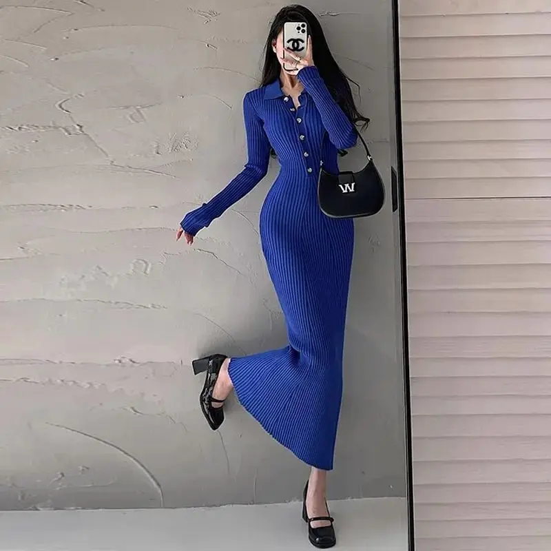 YoungGirlDay Pure Desire Style Sexy Slimming Slimming Flip Collar Long Sleeve Knitted Butt Wrapping Fish Tail Dress Long Skirt