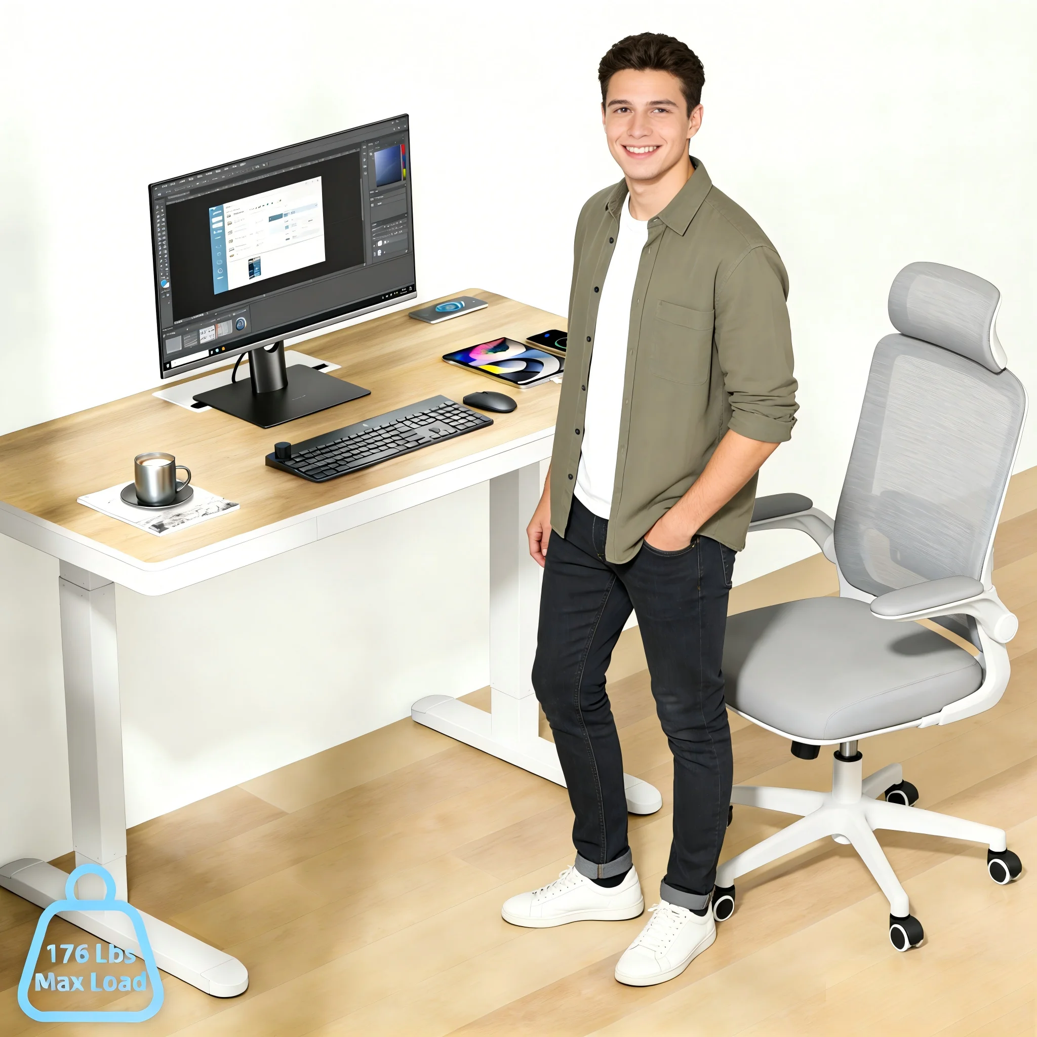 Height Adjustable Standing Desk,Computer Desk& Office Desk with Drawer Wireless Charging Cable Management for Home &Office