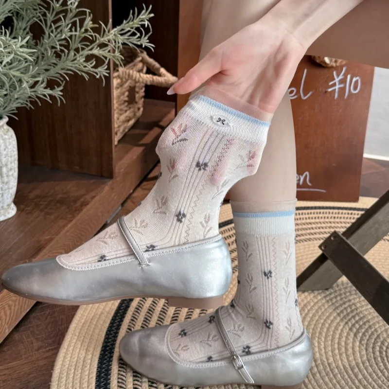 1 Pair Korean Jacquard Floral Bow Button Sheer Mesh Lace Trim Mid-Calf Socks for Women Thin Breathable Ruffle Edge Calf Sock