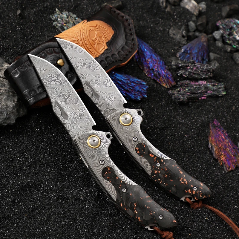 Pisau Saku Baja Damaskus Buatan Tangan, Pisau Lipat Pria, Pisau Berkemah Berburu EDC, Pisau Bertahan Hidup Berkemah Petualangan