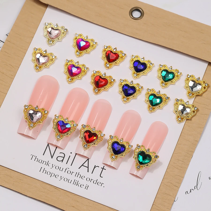 18PCS Exquisite 3D Alloy Love Heart Shape Nail Charms Sparkling Multicolor Crystal Gold Color Nail Art DIY Jewelry Accessories