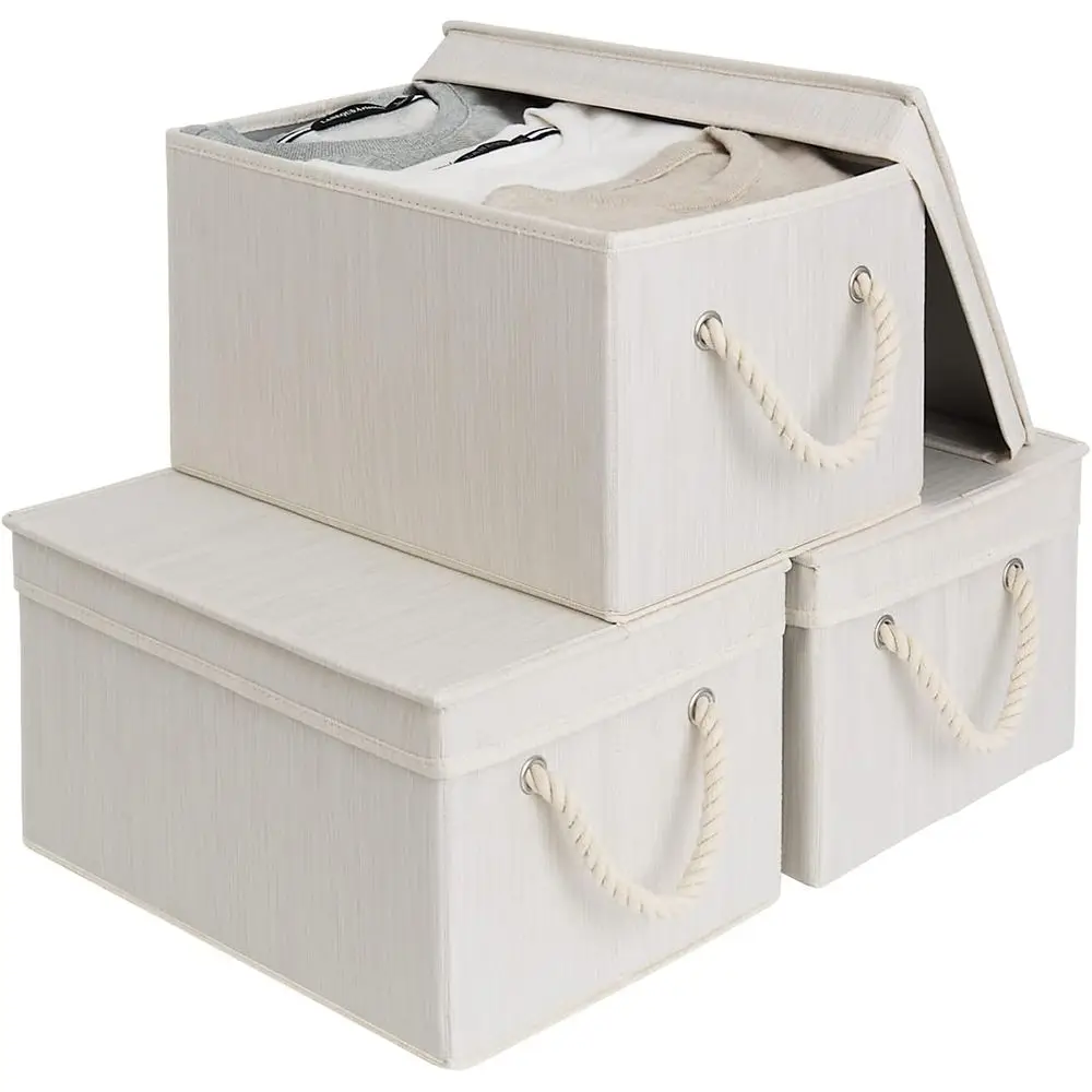 

Storage Bins with Lids, Decorative Boxes with Rope Handles, Stackable Baskets or Closet Shelves, 3-Pack, Ivory, Large