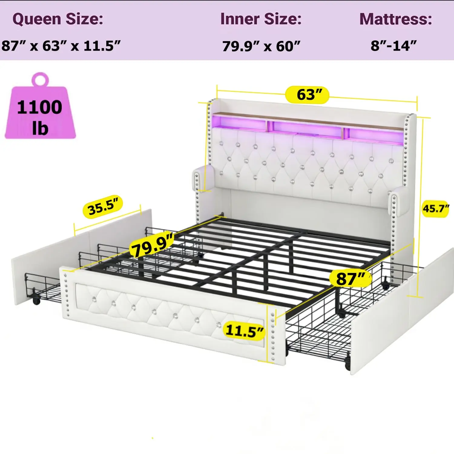 Queen Size Bed Frame with 4 Storage Drawers,Velvet Upholstered Queen Platform Bed with Charging Station and Storage, Customized - view 2