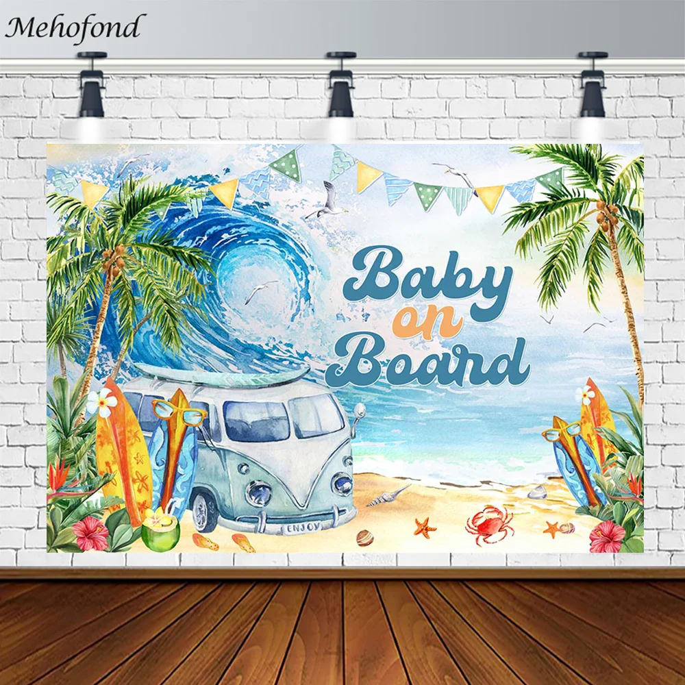 Mehofond Baby on Board Backdrop Summer Seaside Surfboard Bus Party Decoration Birthday Photography Background Photocall Props