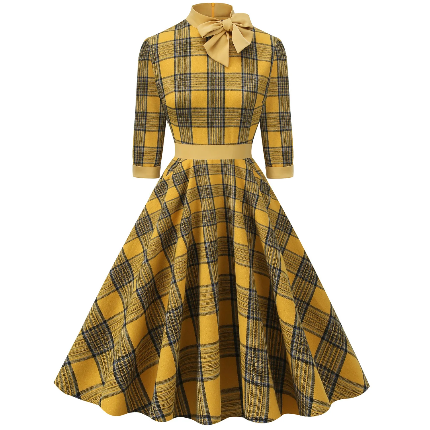 

Bow Neck Plaid 3/4 Sleeve 50s Vintage Midi Dresses for Women Retro Cocktail Party A Line Swing Midi Dress Halloween Costumes