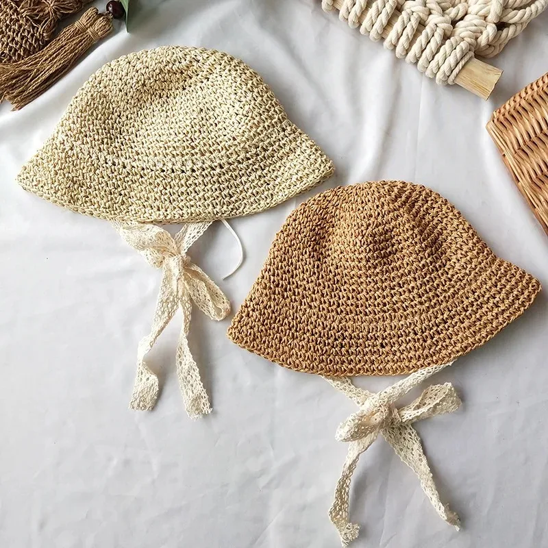 Summer Korean Baby Boy Girl Straw Hats Lace Strap Crochet Children Handmade Foldable Sun Cap Lace Beach Sun Outdoor Hat view 5
