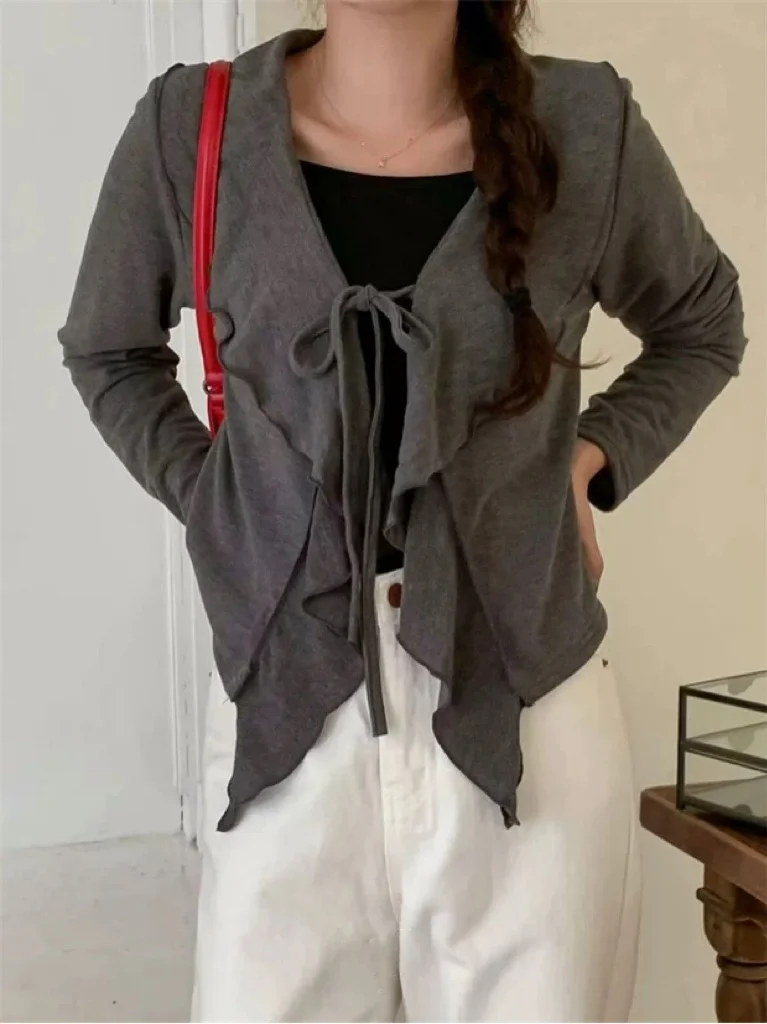 

Корейское женское пальто-орта с кружевной отделкой и поясом, длинное, весенне-осеннее, универсальное, свободного кроя, повседневный модный топ