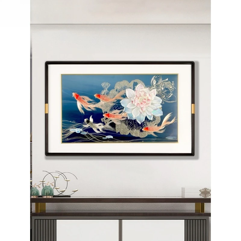 Bronze carvings in the dining room, lotus fish decorative paintings, new Chinese koi hanging paintings, modern simple horizontal
