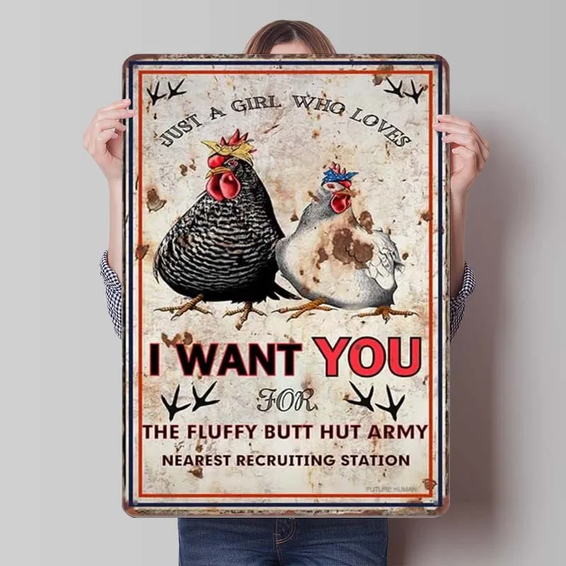 I Want You Rusty Funny Chicken Metal Sign Art Mural Vintage Tinplate Sign for Outdoor Wall Art Decoration Gaming Room Decoration