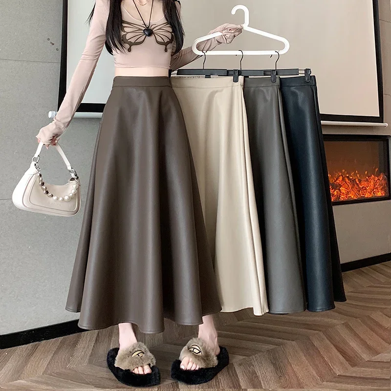 New PU Leather Skirt Women 2024 Autumn Winter A-line Slim Midi Long Skirt Casual Streetwear