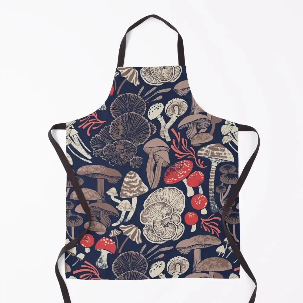 

Mystical fungi // midnight blue background brown red and coral wild mushrooms Apron Dress Barber Apron