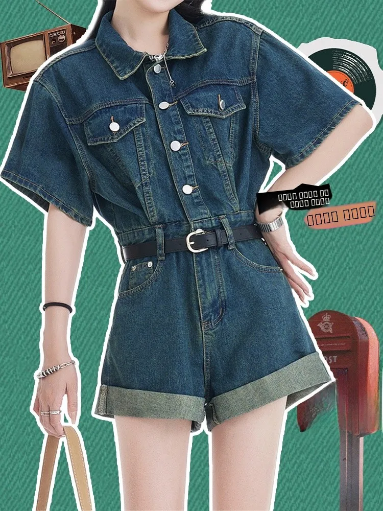 

Retro Denim Jumpsuit Set Women's Summer Thin Faionable ort Pants High Waist Cotton Blend Fabric Wide Leg Pants