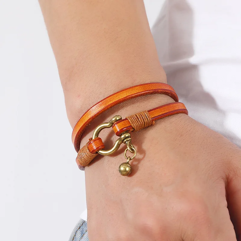 New Arrivals Retro Two Loop Leather Bracelet Men Punk Horseshoe Buckle Wrap Bracelets Creative Jewelry Gift