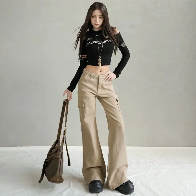 

Женские джинсы-клеш цвета хаки в американском ретро-стиле, новинка 2026 года, эластичные, утягивающие, не однотонные, не как у леггинсов