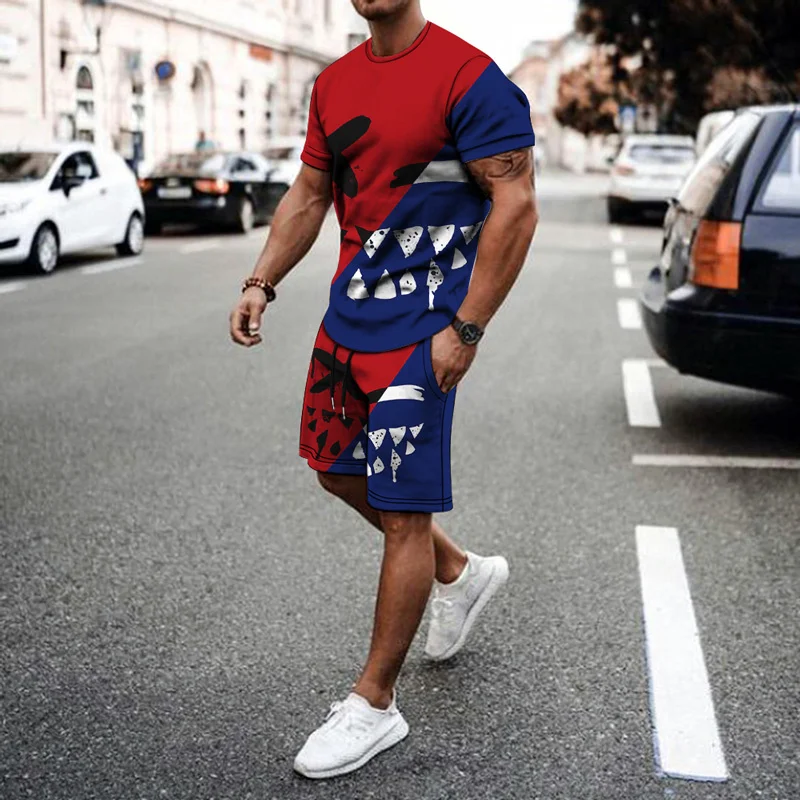 New Fashion Summer Men's 2 Piece Set Tracksuits Casual Short Sleeves Print T-shirt+shorts Pants Suits Camisetas Ropa Hombre