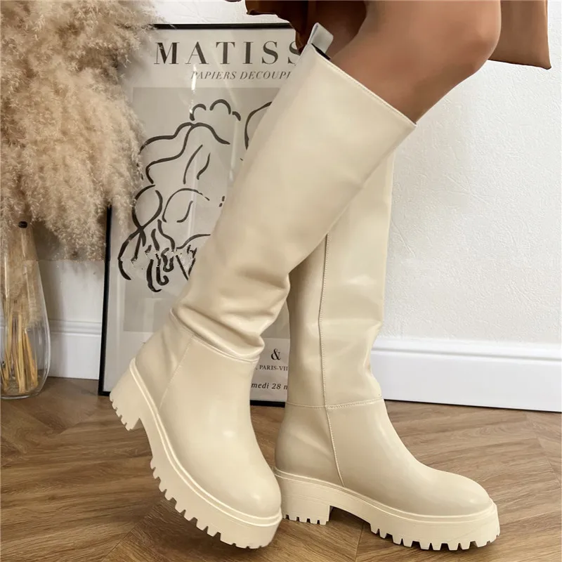 MORAZORA Plus Size 34-43 New Full Cow Leather Women Boots Slip On Chunky Platform Knee High Boots Ladies Autumn Winter Shoes