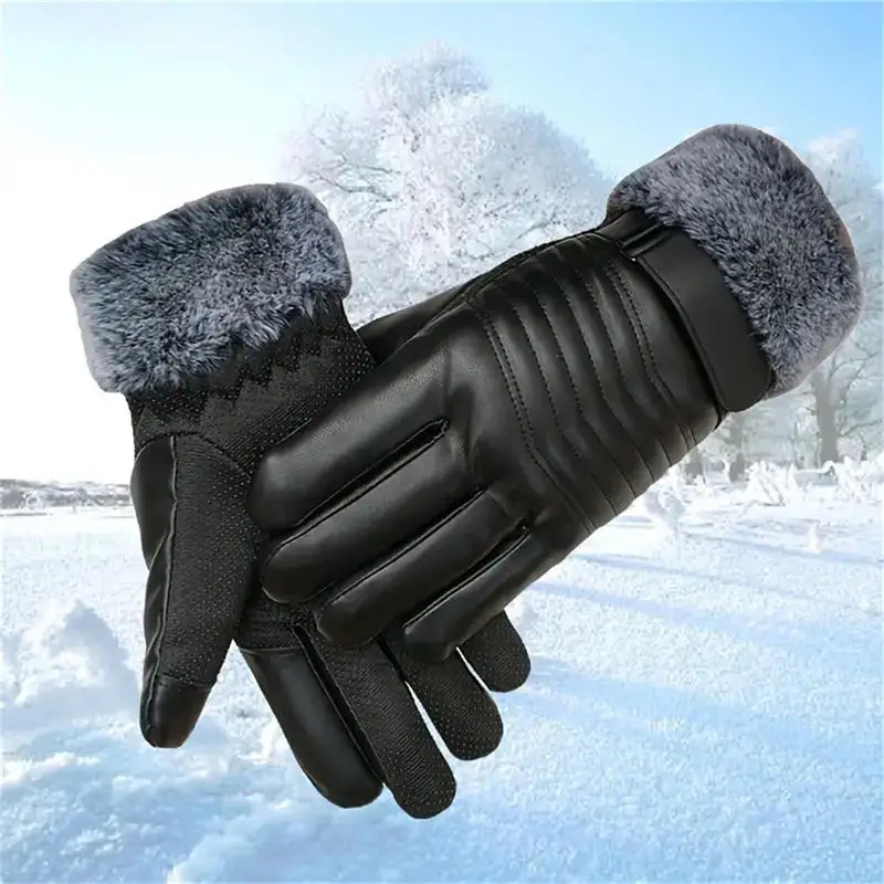 Gloves Winter MEN'S Fur Mouth Plush Insulation Gloves Outdoor Cycling Motorcycle PU Touch Screen Cotton Gloves