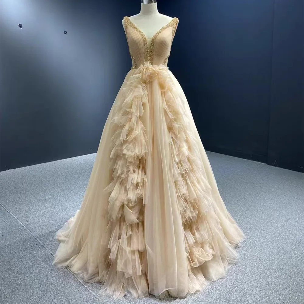 2026 Women's V-Neck Sleeveless Evening Dress Lace-Up Back Sequined Customizable Special Occasion Gown