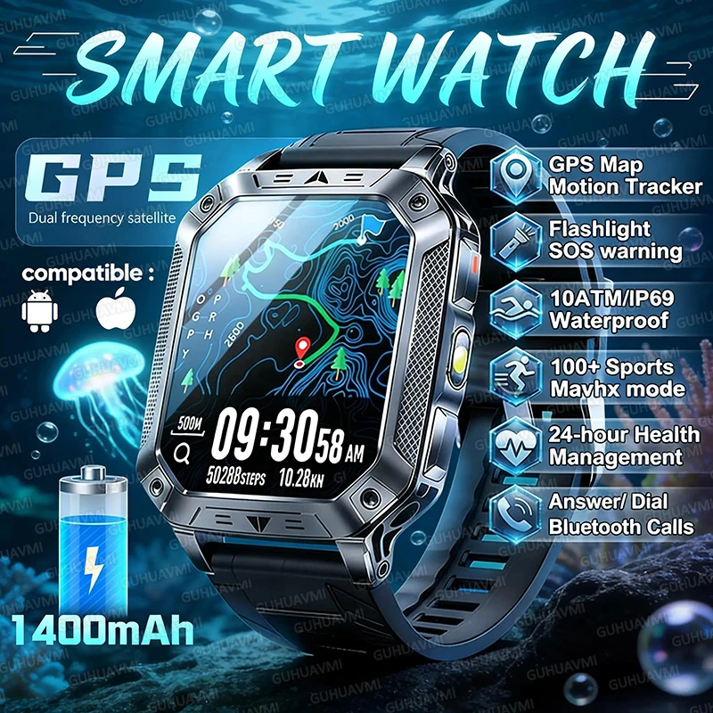 

Новые смарт-часы 2026 года с аккумулятором 1400 мАч, GPS, фонариком, водонепроницаемостью 10ATM, Bluetooth-звонками, AMOLED HD-дисплеем для мужчин, для активного отдыха и спорта