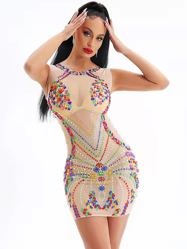 Vestido corto de malla sin mangas con diamantes de imitación coloridos para mujer, traje de baile transparente para celebración de cumpleaños y graduación, ropa de escenario para cantante