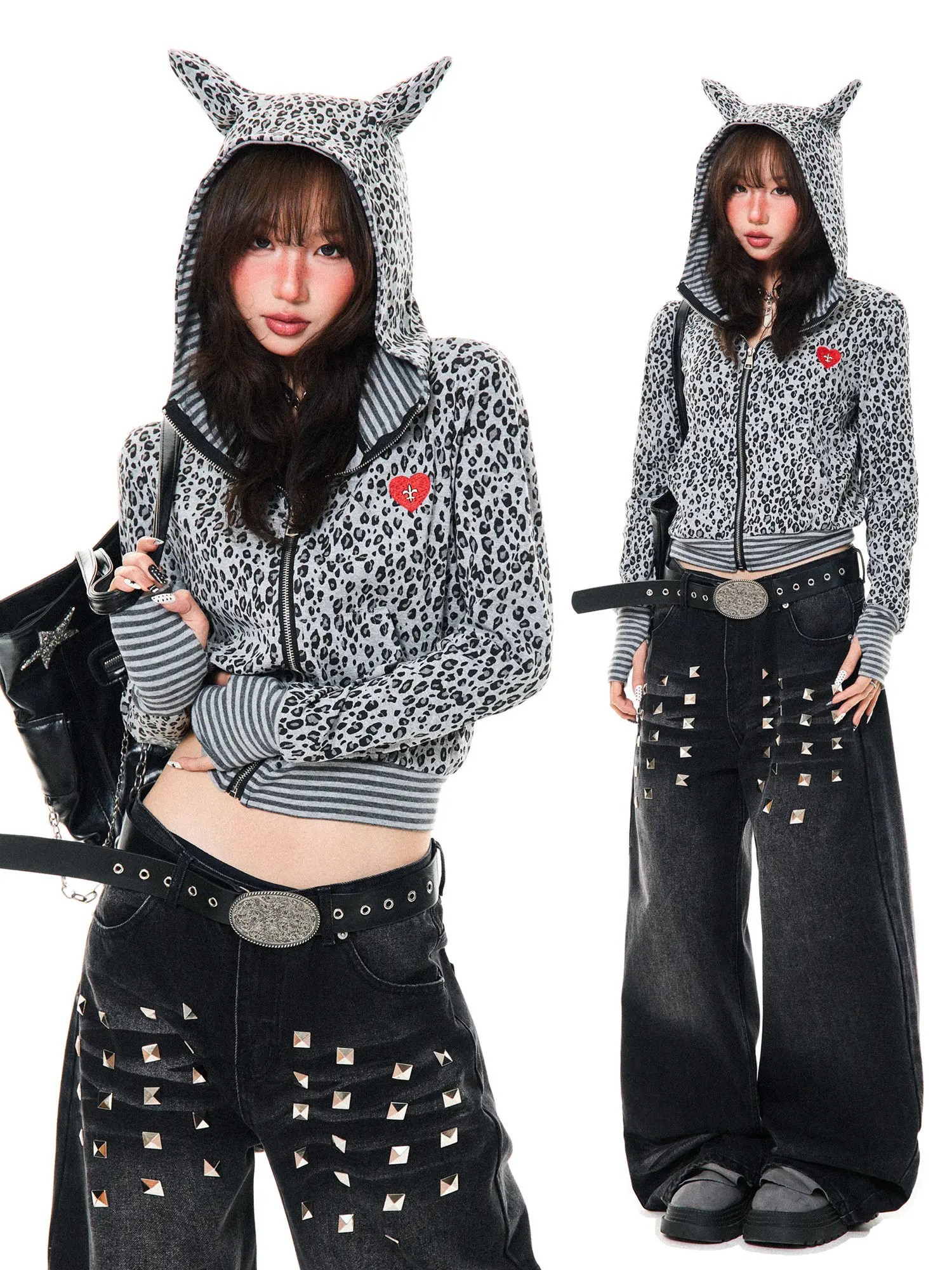 

Женская толстовка Young Stage American Sle с леопардовым принтом, сердечками и дьявольскими рожками, весенняя, приталенная, теплая, хлопковая куртка-топ