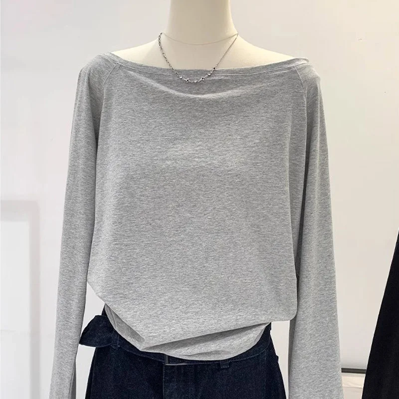 Autumn Winter One Shoulder Cotton Long Sleeve Slant Shoulder Women's Clothing Style Interior Wide Truffle Shoulder Base Shirt